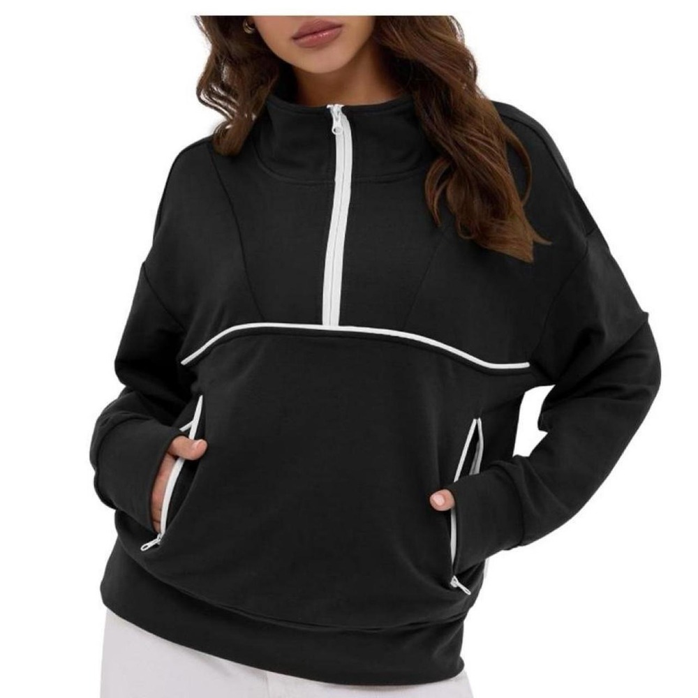 ZAFUL Womens Sweatshirt with Contrast stitch 1/4 Zip Pullover